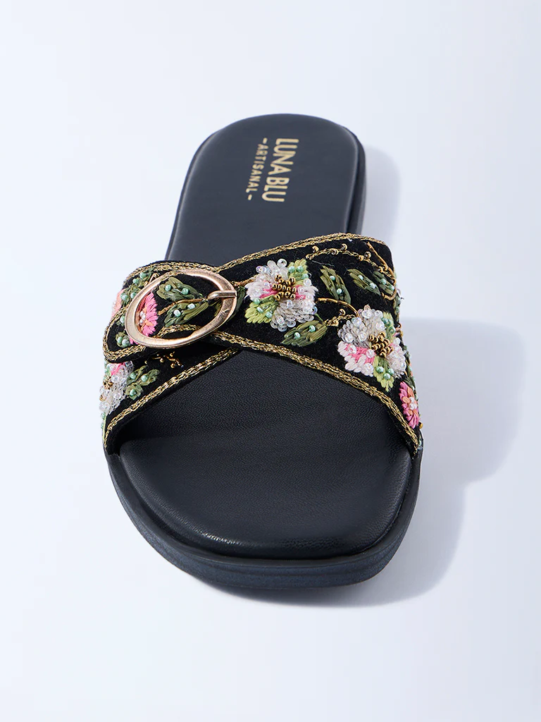 LUNA BLU Black Floral Embroidered Slides - Image 3