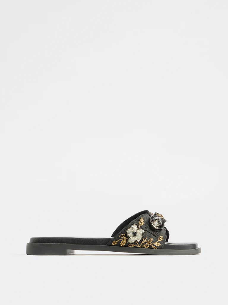 LUNA BLU Black Floral Embroidered Slides - Image 2