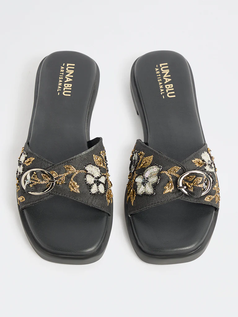 LUNA BLU Black Floral Embroidered Slides - Image 3
