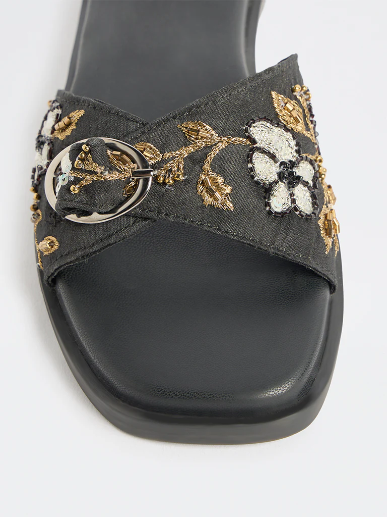 LUNA BLU Black Floral Embroidered Slides - Image 4