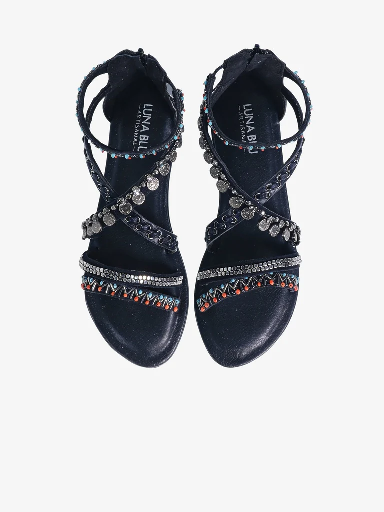 LUNA BLU Black Gladiator-Strap Flat Sandals