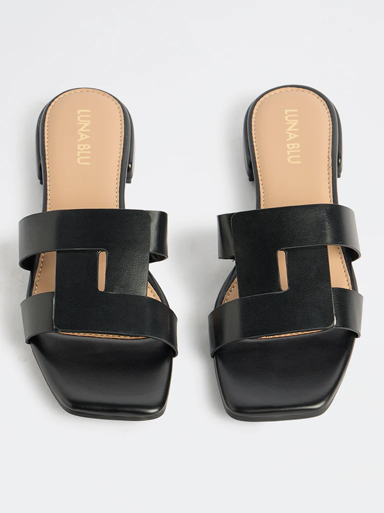 LUNA BLU Black Lock-Pattern Sandals - Image 3