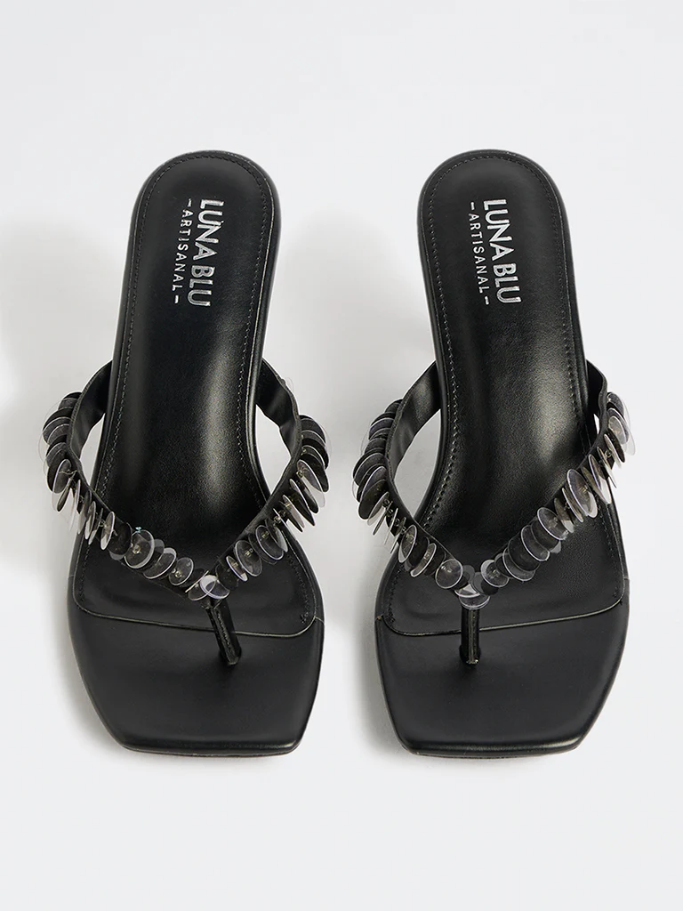 LUNA BLU Black Sequin-Detailed Thong-Strap Heel Sandals