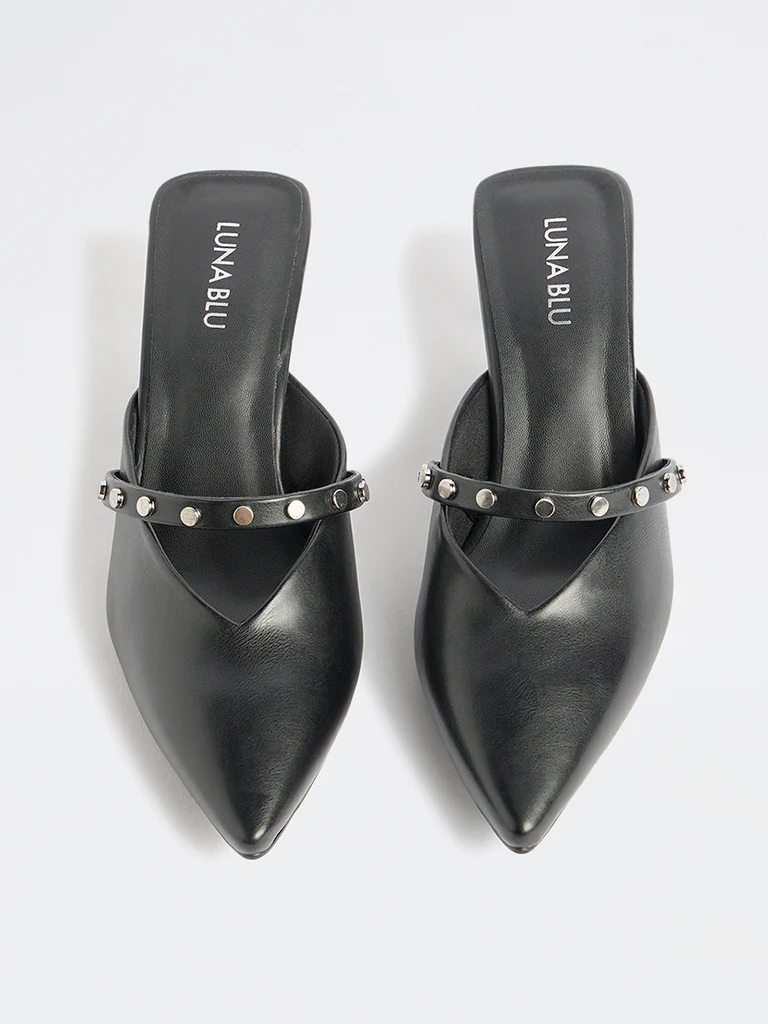 LUNA BLU Black Stud-Detailed Kitten-Heel Mules - Image 3