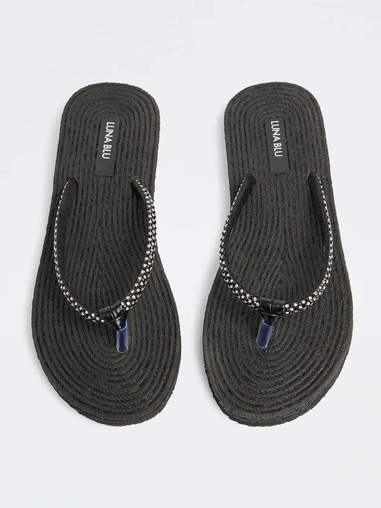 LUNA BLU Black Textured Embellished Slides