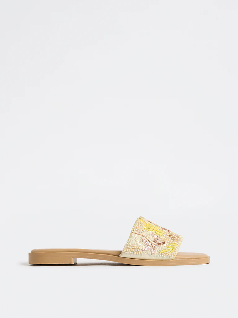 LUNA BLU Blush Pink Floral Embellished Slides