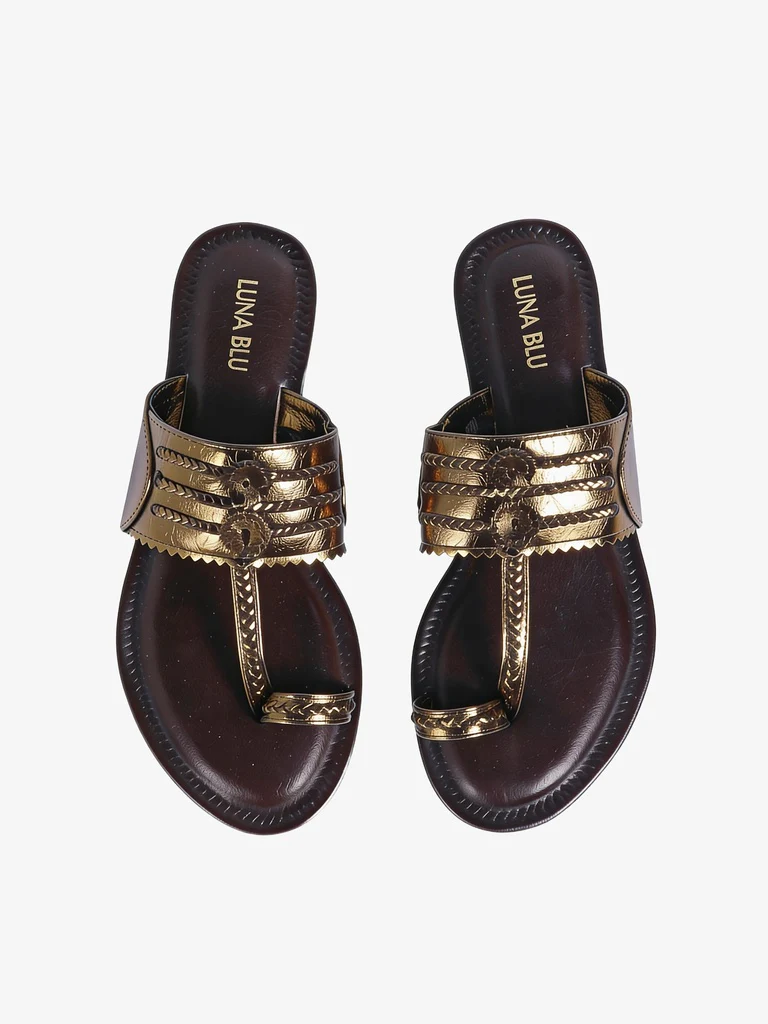 LUNA BLU Bronze Braided Strap Kolhapuri Sandals