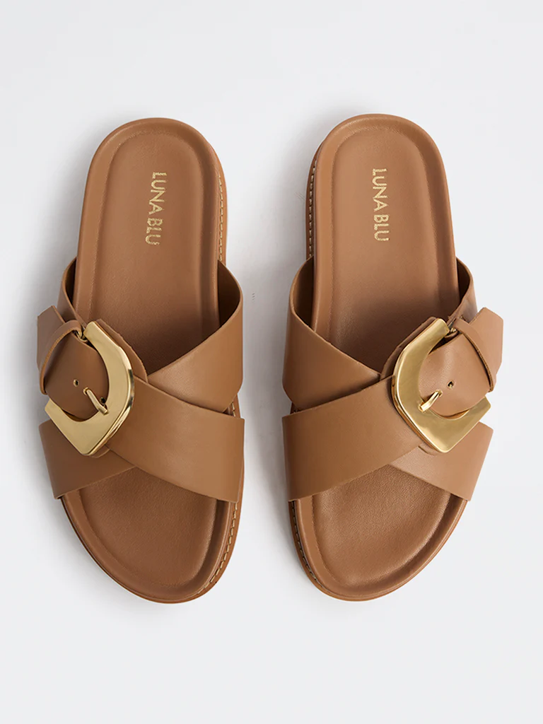 LUNA BLU Brown Buckle-Detailed Comfort Sandals - Image 3