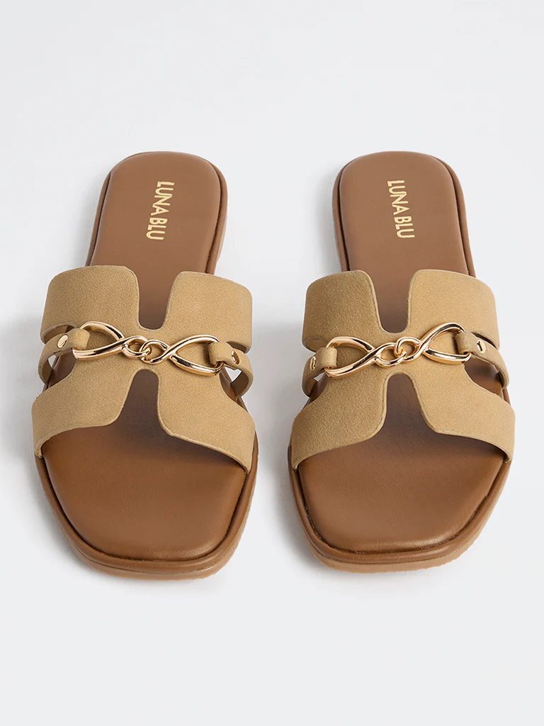 LUNA BLU Brown Chain-Detailed Slides - Image 2