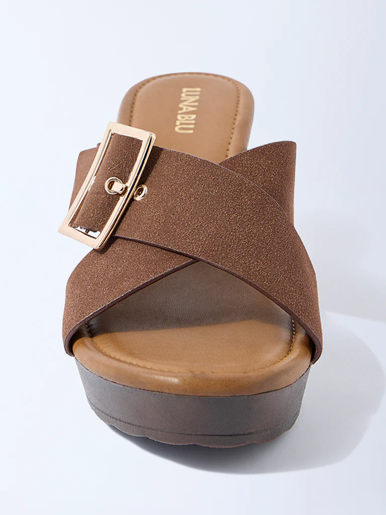 LUNA BLU Brown Criss-Cross Block Heel Sandals - Image 3