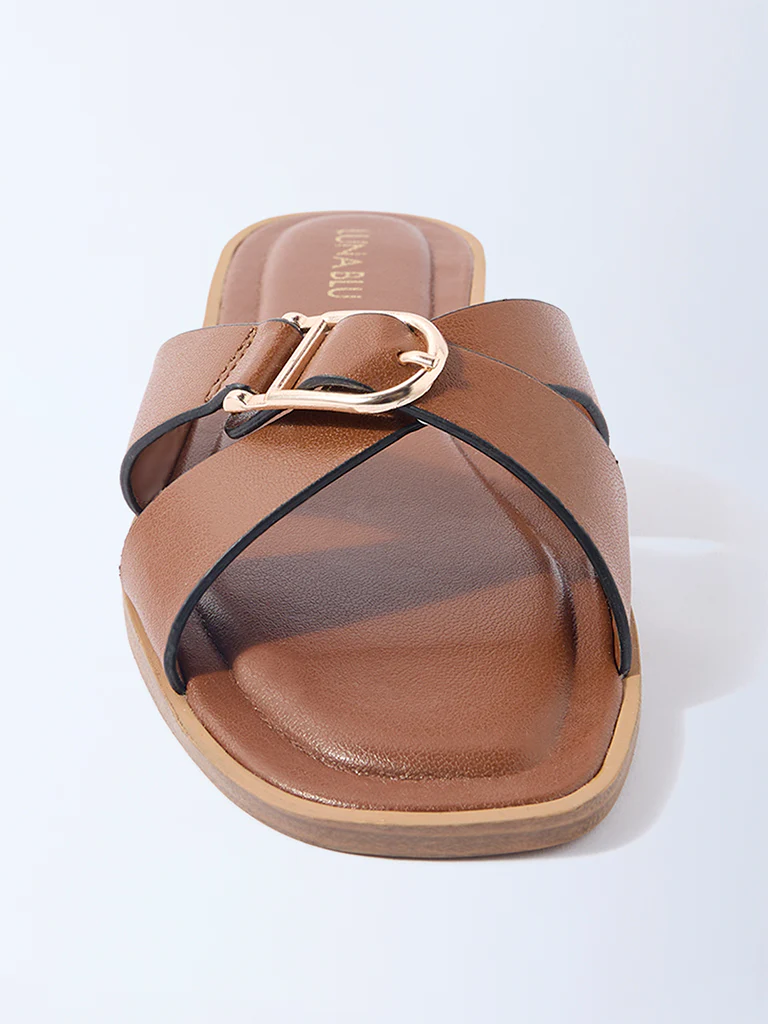LUNA BLU Brown Criss-Cross Detailed Slides- Exclusive - Image 3
