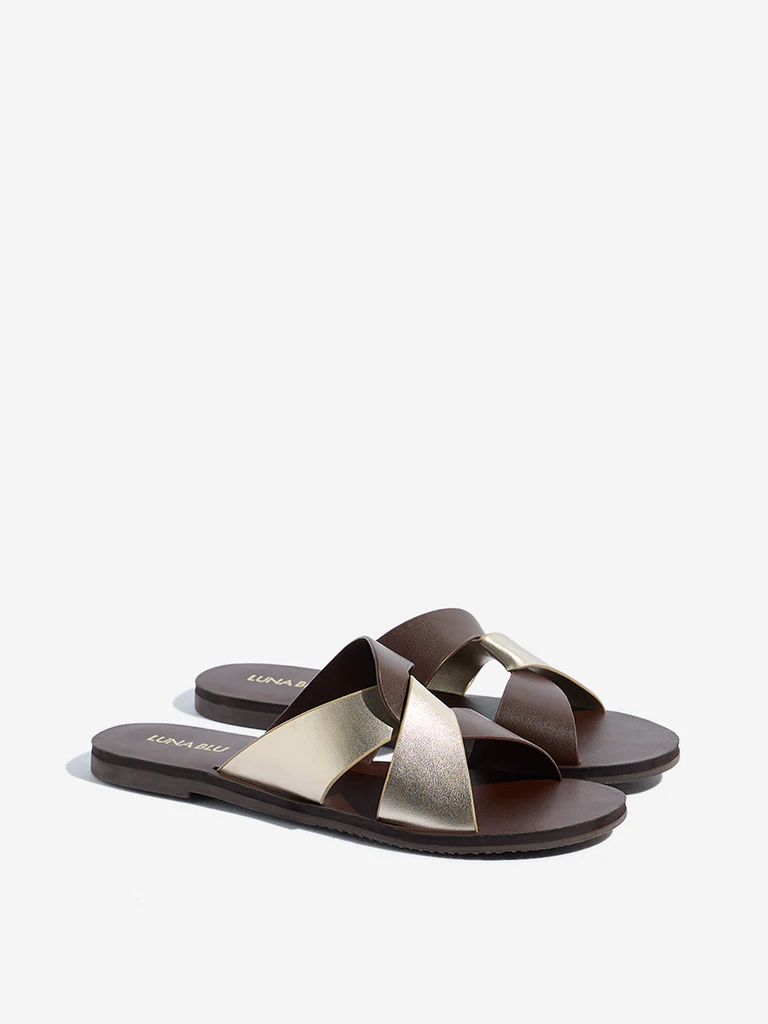 LUNA BLU Brown Criss-Cross Strap Slides - Image 2