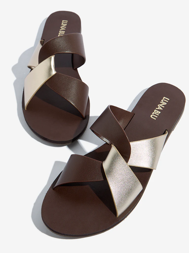 LUNA BLU Brown Criss-Cross Strap Slides - Image 4