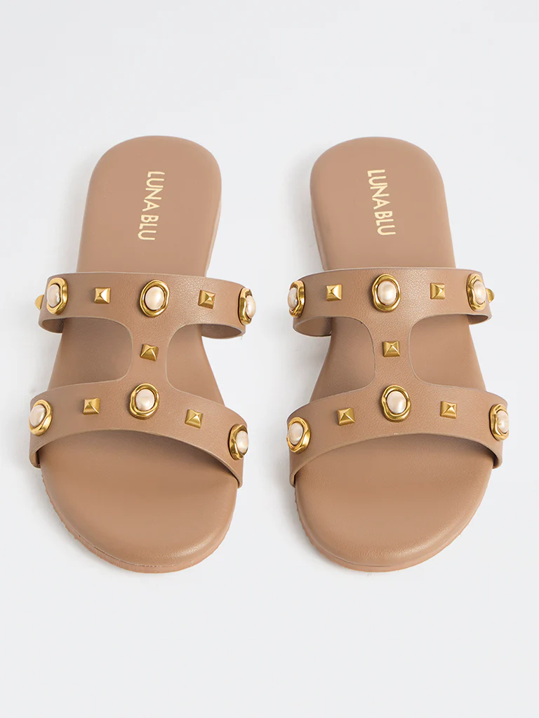 LUNA BLU Brown Embellished Slides - Image 3