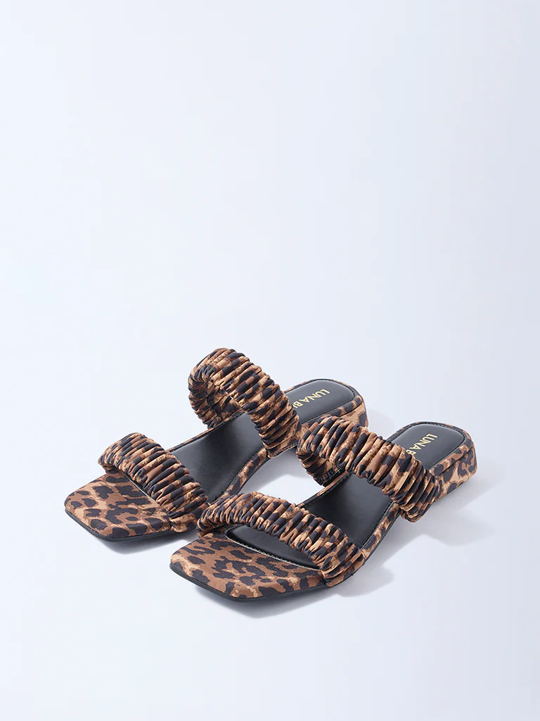 LUNA BLU Brown Leopard Ruched Dual-Strap Sandals - Image 3
