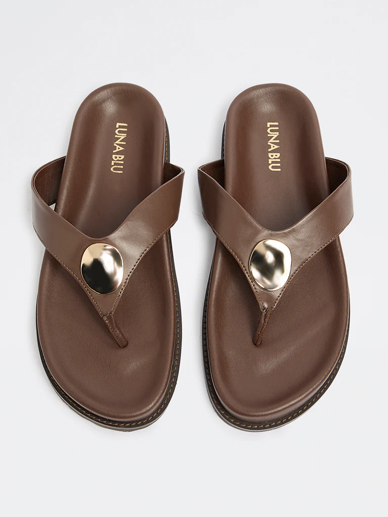 LUNA BLU Brown Metal-Detail Thong Strap Sandals - Image 2