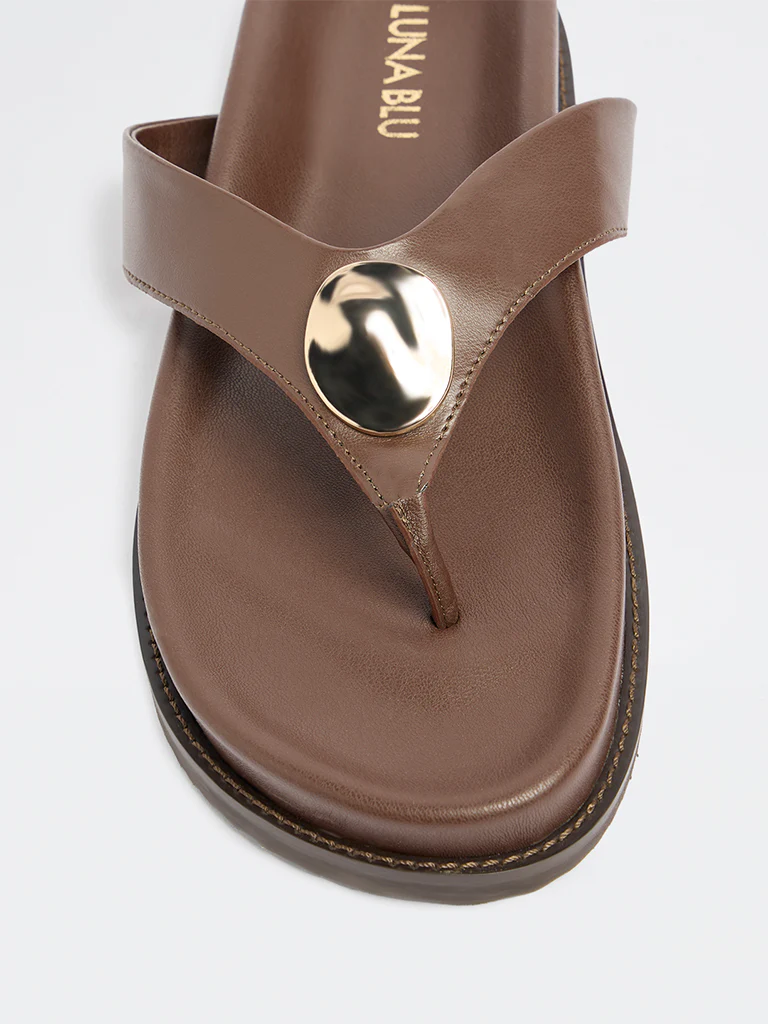 LUNA BLU Brown Metal-Detail Thong Strap Sandals - Image 3