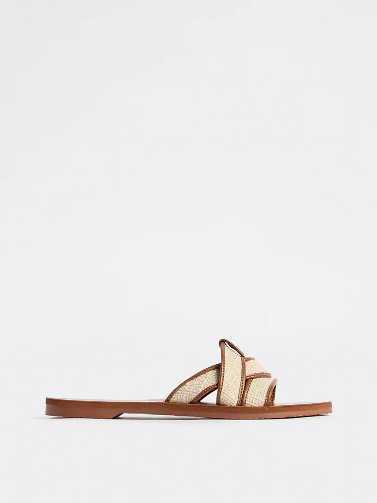 LUNA BLU Brown Raffia-Textured Slides - Image 2