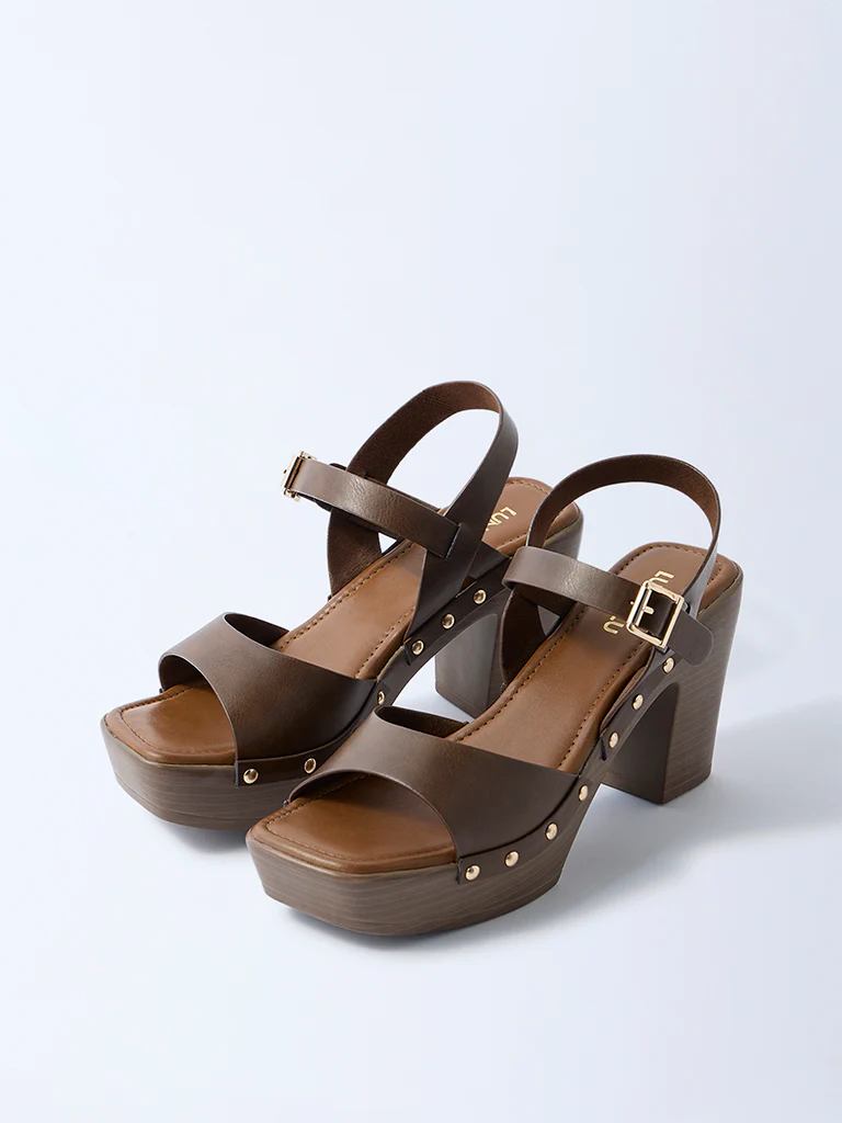 LUNA BLU Brown Stud-Detailed Block-Heel Sandals - Image 2