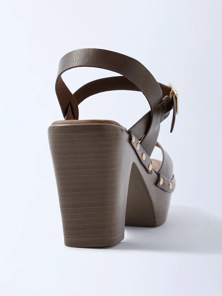 LUNA BLU Brown Stud-Detailed Block-Heel Sandals - Image 3