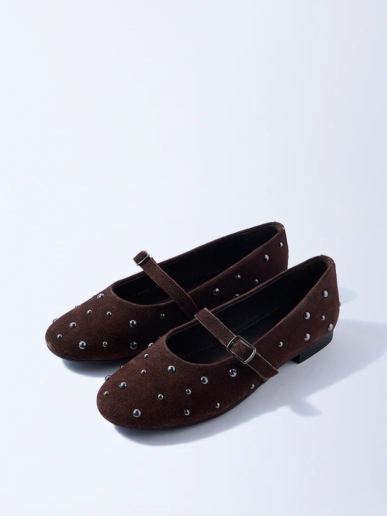 LUNA BLU Brown Stud-Detailed Leather Mary Jane Shoes - Image 3