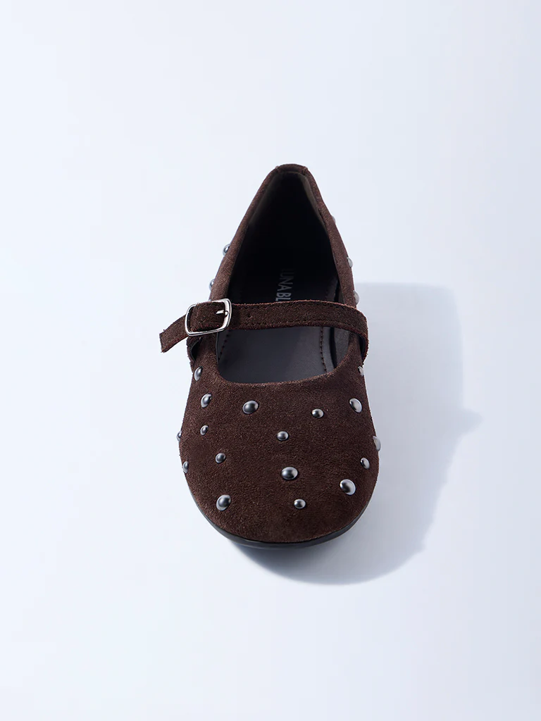 LUNA BLU Brown Stud-Detailed Leather Mary Jane Shoes - Image 4