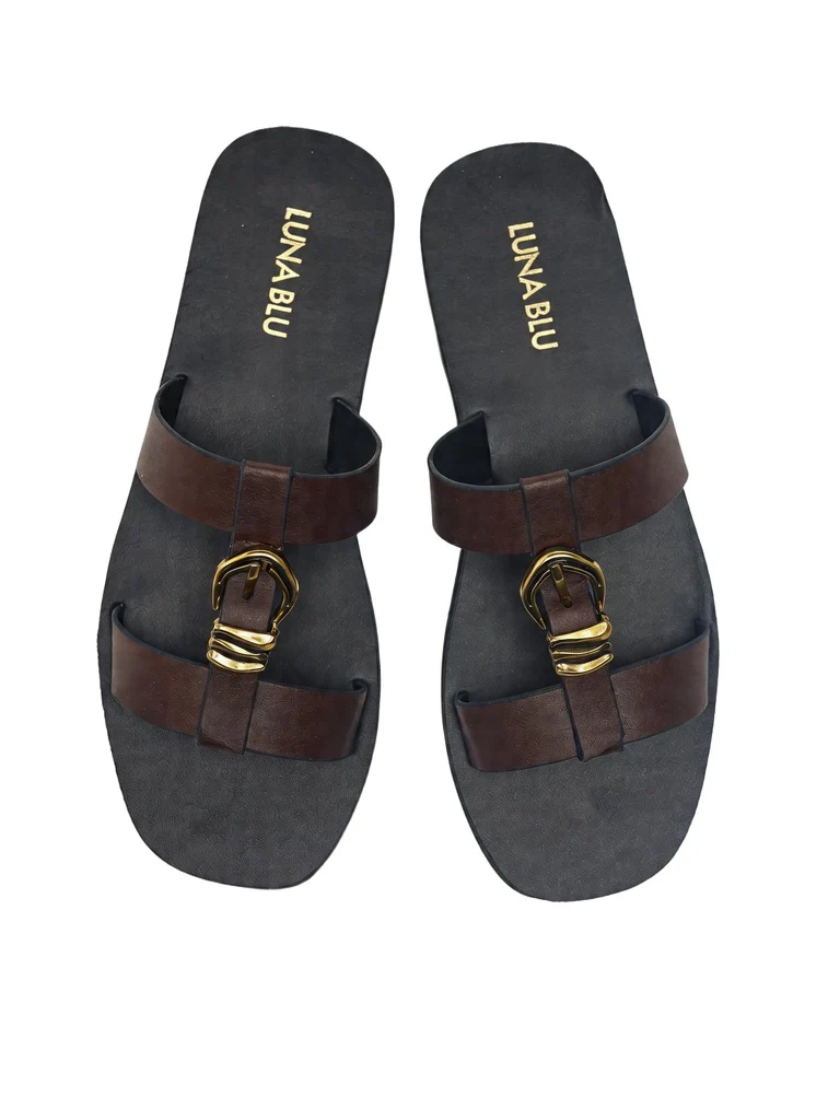 LUNA BLU Burgundy Buckle Detail Flat Sandals - Image 2