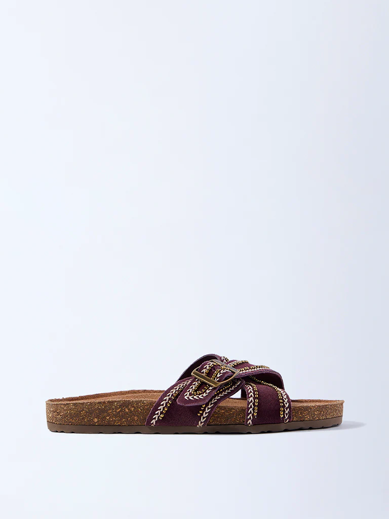 LUNA BLU Burgundy Buckle-Detailed Slip-On Suede Leather Sandals