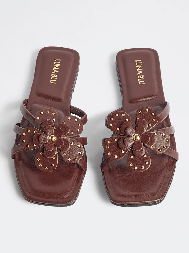 LUNA BLU Burgundy Floral Applique Slides - Image 2