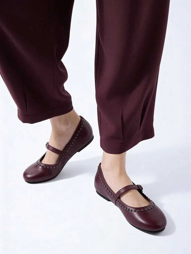 LUNA BLU Burgundy Stud-Detailed Leather Mary Jane Shoes