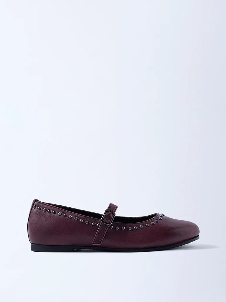 LUNA BLU Burgundy Stud-Detailed Leather Mary Jane Shoes - Image 2