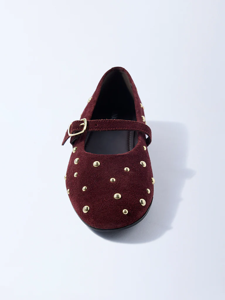 LUNA BLU Burgundy Stud-Detailed Leather Mary Jane Shoes - Image 4