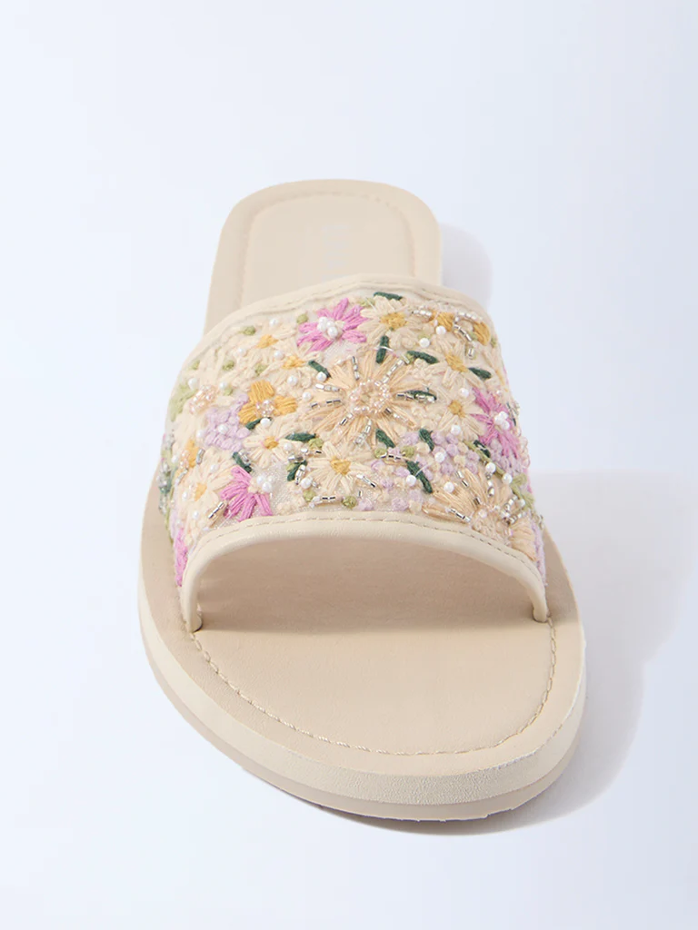 LUNA BLU Cream Floral Embroidered Slides - Exclusive - Image 3