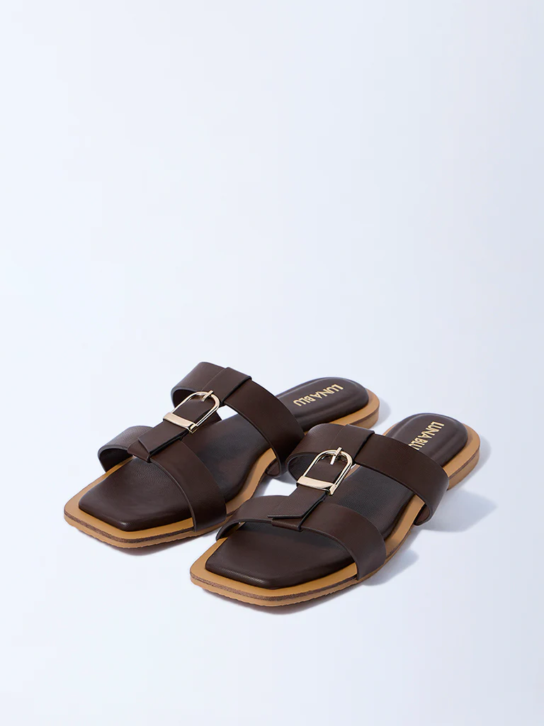 LUNA BLU Dark Brown Buckle-Detailed Slides - Image 2
