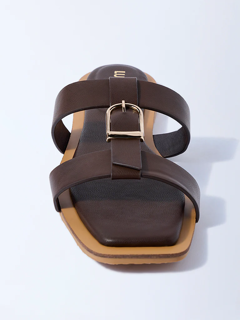 LUNA BLU Dark Brown Buckle-Detailed Slides - Image 3