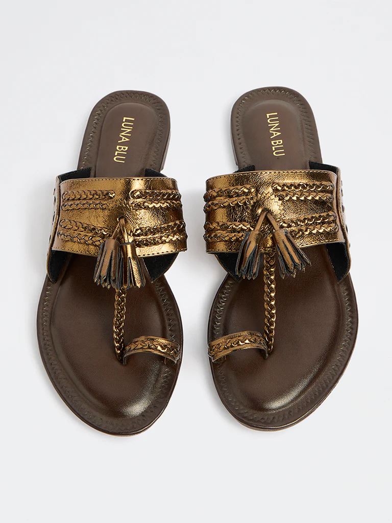 LUNA BLU Dark Brown Tassel Detailed Kolhapuri Sandals - Image 2