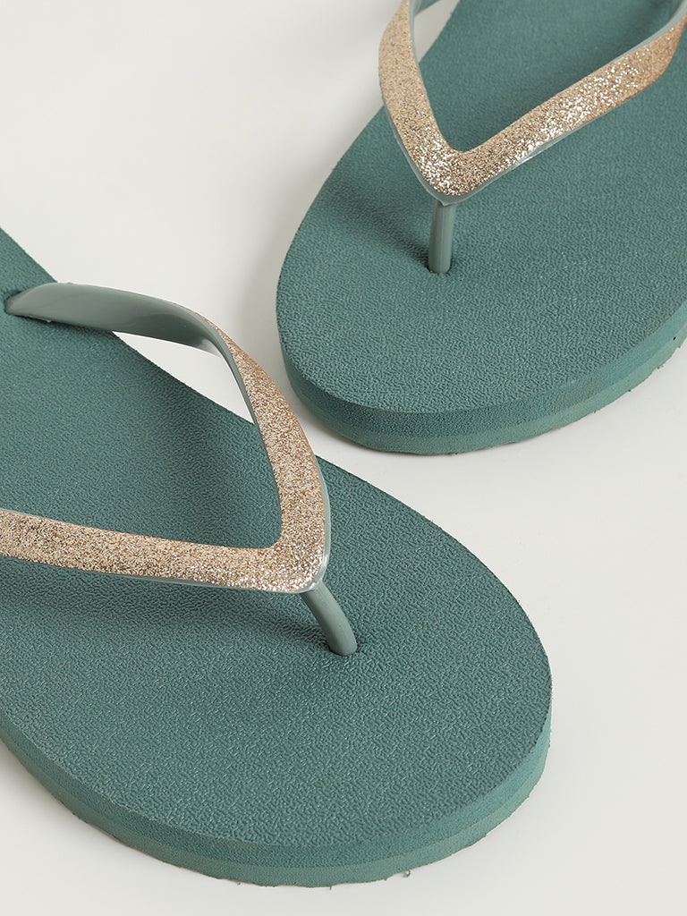 LUNA BLU Dark Green Shimmer-Detailed Flip-Flops - Image 3