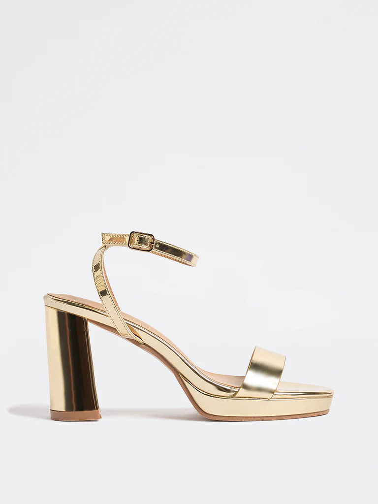 LUNA BLU Gold Block Heel Sandals - Image 2