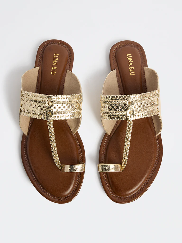 LUNA BLU Gold Braided Kolhapuri Sandals - Image 2
