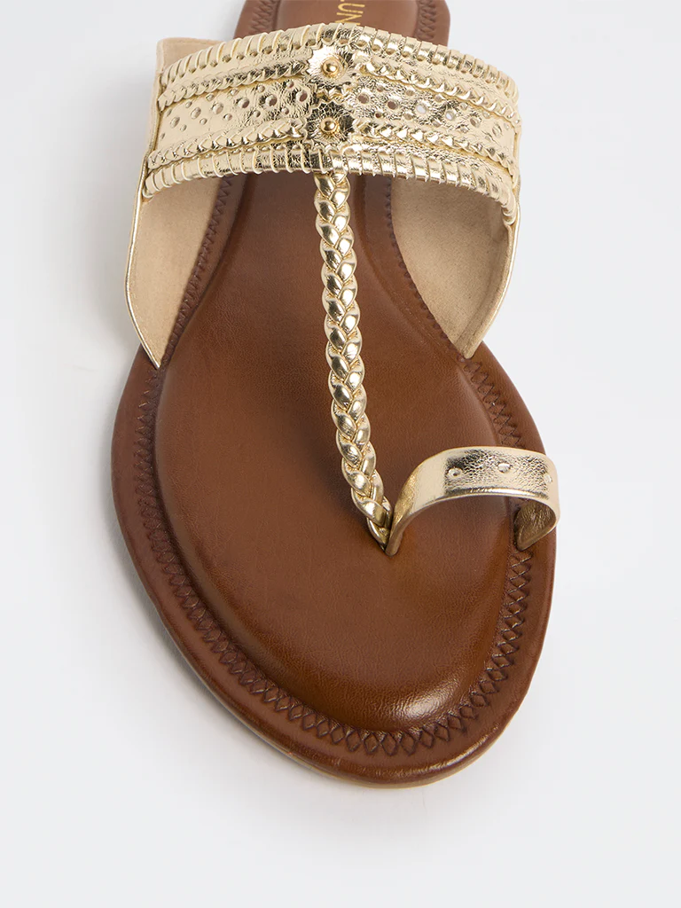 LUNA BLU Gold Braided Kolhapuri Sandals - Image 3