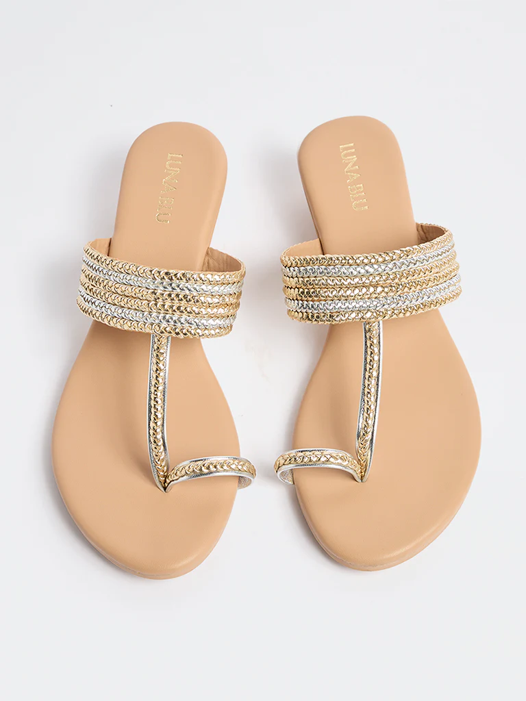 LUNA BLU Gold Braided Kolhapuri Sandals - Image 3