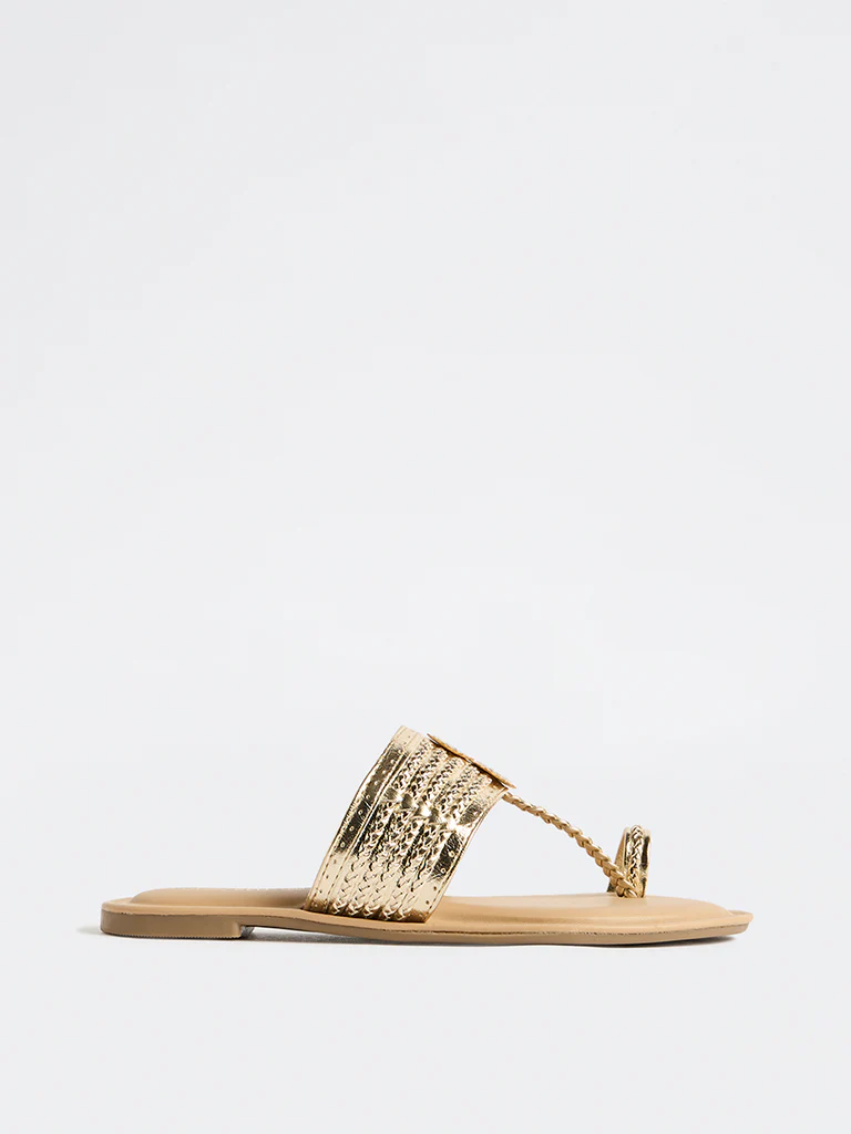 LUNA BLU Gold Braided Kolhapuri Sandals - Image 2