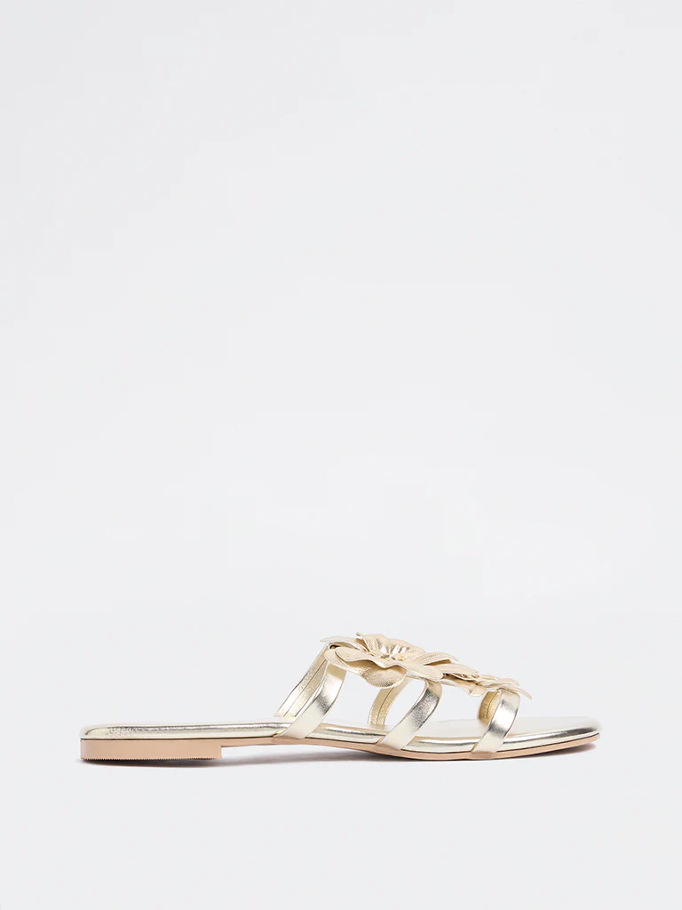 LUNA BLU Gold Floral Detailed Multi-Strap Slides