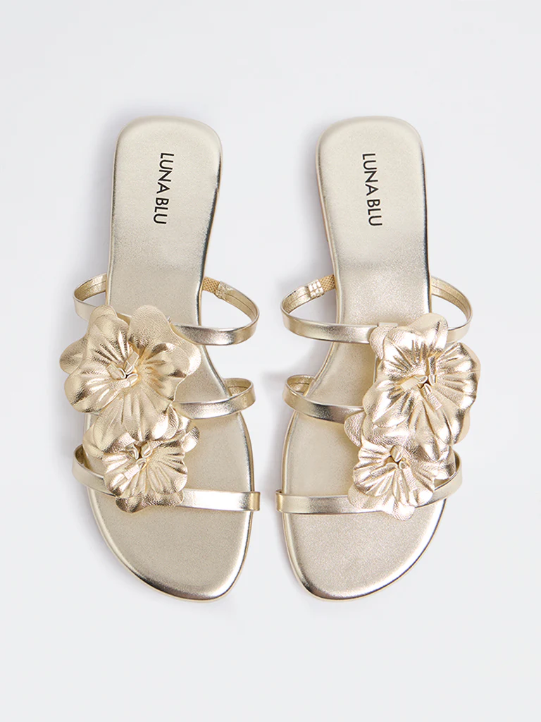LUNA BLU Gold Floral Detailed Multi-Strap Slides - Image 2