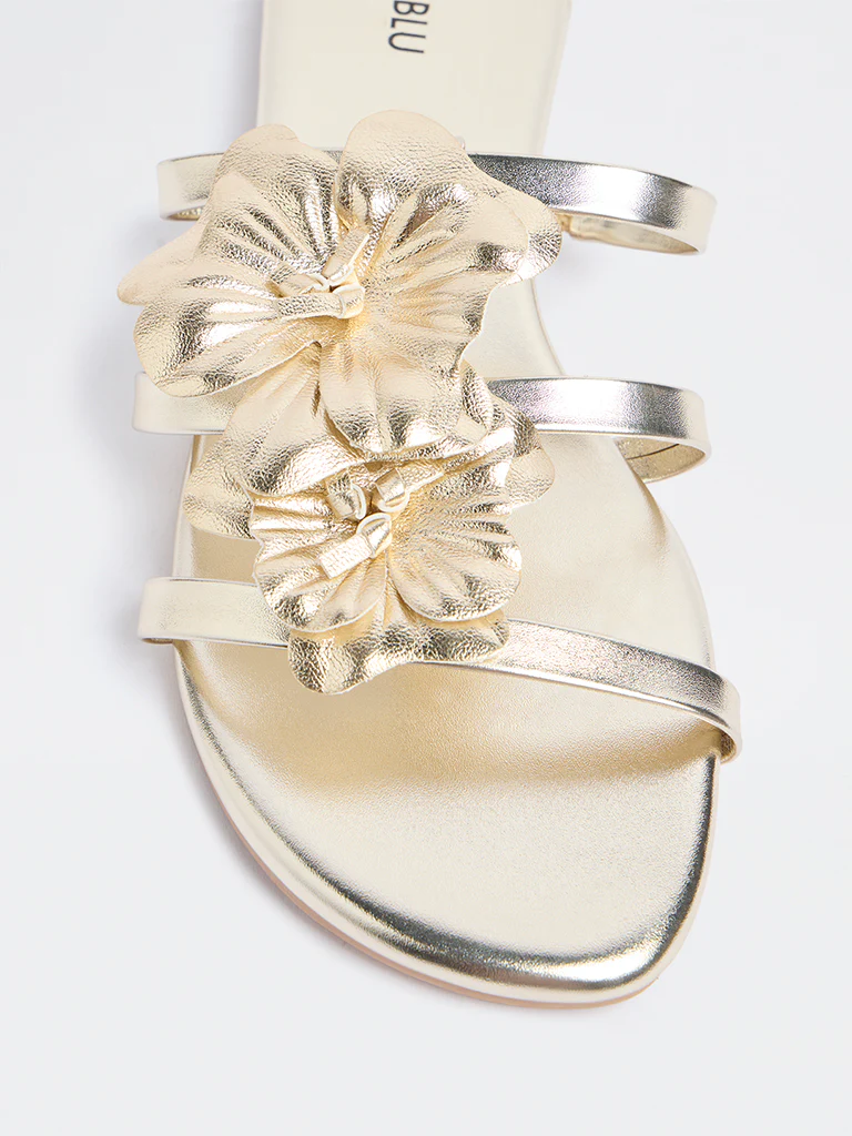 LUNA BLU Gold Floral Detailed Multi-Strap Slides - Image 3