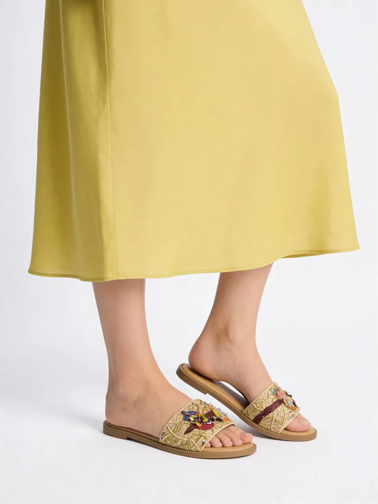 LUNA BLU Gold Parrot Embroidered Slides