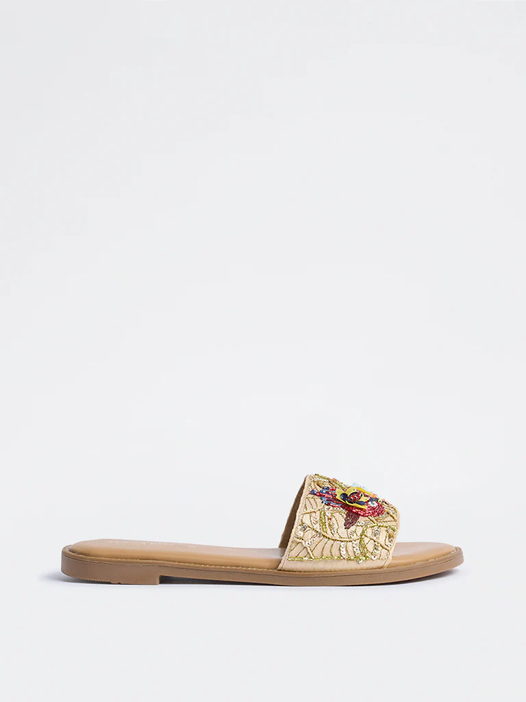 LUNA BLU Gold Parrot Embroidered Slides - Image 2