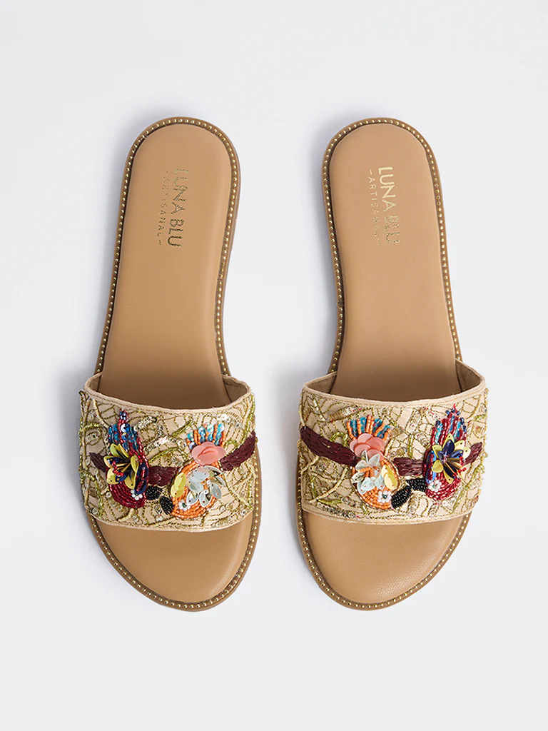 LUNA BLU Gold Parrot Embroidered Slides - Image 3