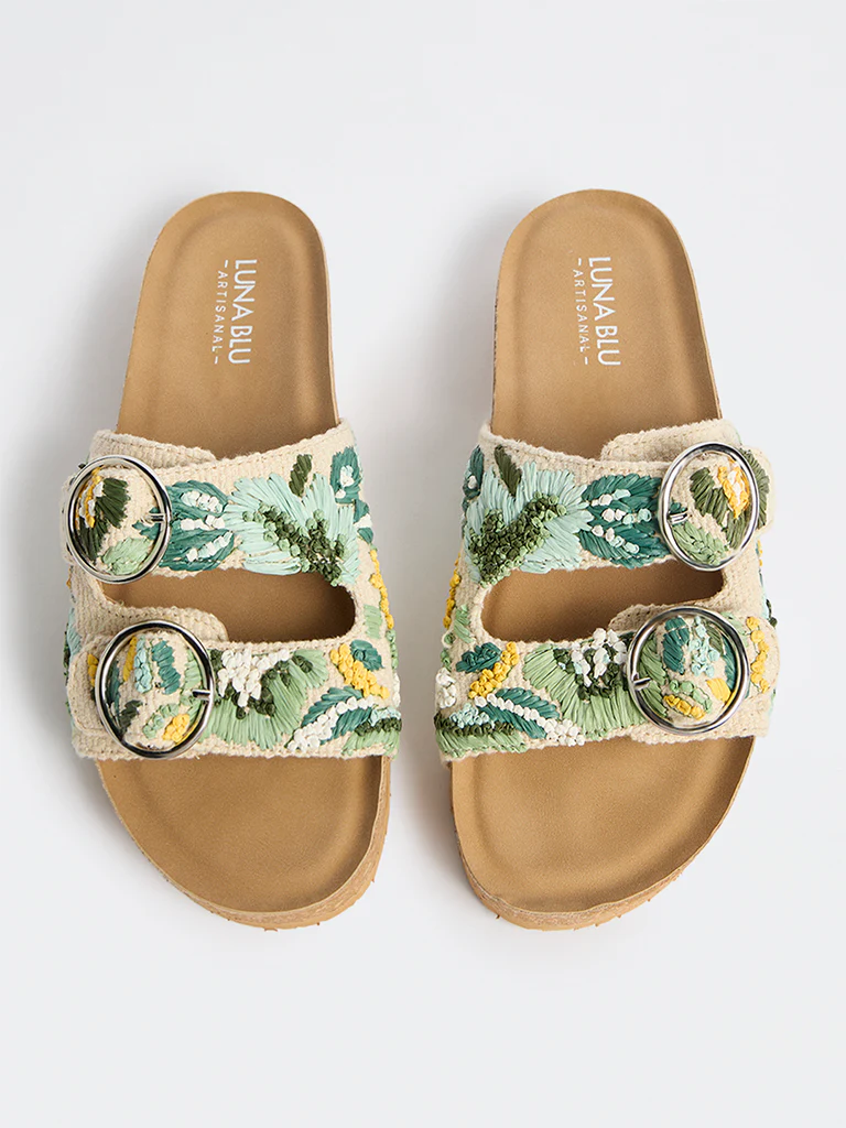 LUNA BLU Green Embroidered Dual-Strap Sandals - Image 3