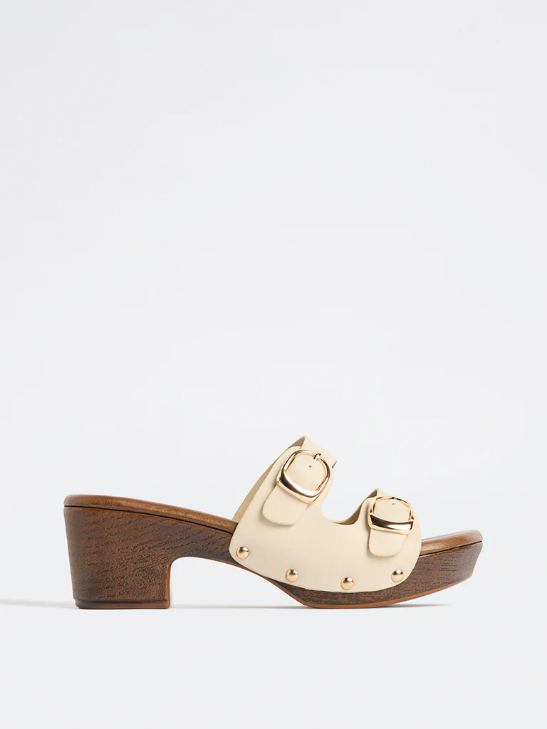 LUNA BLU Ivory Double-Buckle Block-Heel Sandals
